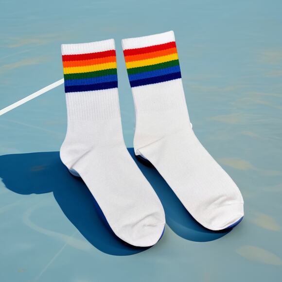 New - Rainbow Socks White Quarter‎ Crew Striped Calf Gay Pride - Picture 1 of 3